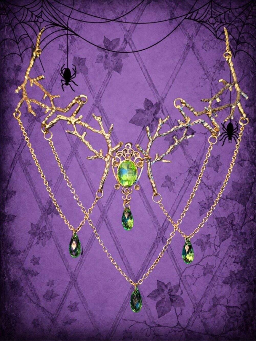 Woodland Whispers 🍃🧚‍♂️ Gold Tone Green Stone Branch Necklace 18"